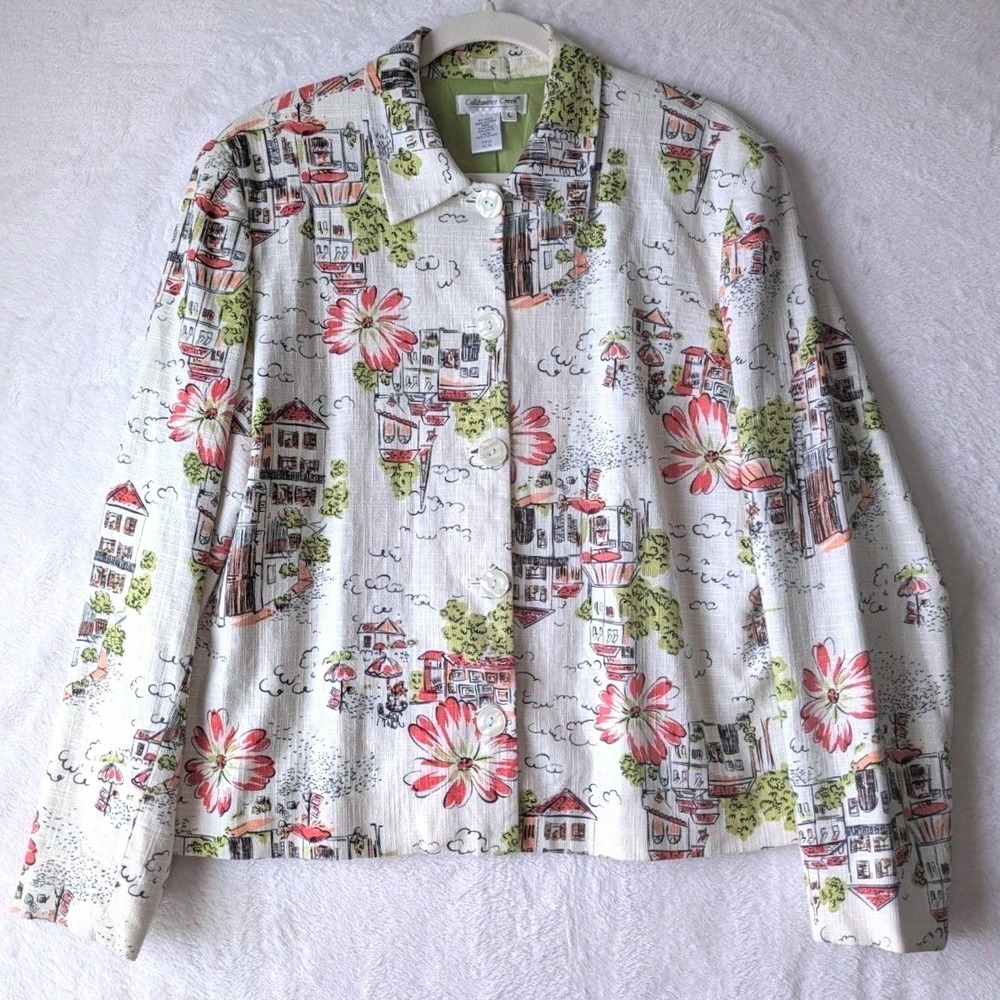 Coldwater Creek Jacket Women L Cream Linen Blend Scenic Floral Button Blazer
